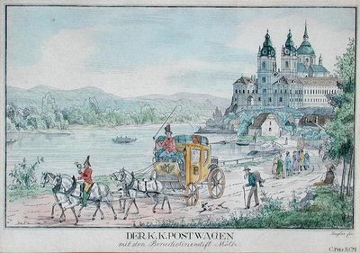 Itävallan keisarillisen postipalvelun vaunu Melkin luostarin edessä Tonavan varrella, 1800-luvun alku (värikaiverrus) tekijältä Austrian School