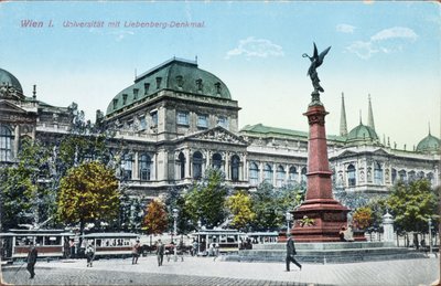 Postikortti, joka kuvaa Wienin yliopistoa ja Liebenbergin muistomerkkiä, n. 1915 tekijältä Austrian School