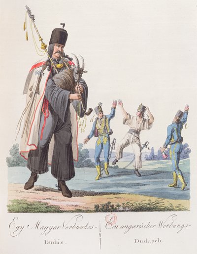 Unkarilaisen rykmentin sotilaat tanssimassa värväystä, kuvitus kirjasta Costumes de Hongrie, julkaistu Wienissä, 1810 tekijältä Austrian School