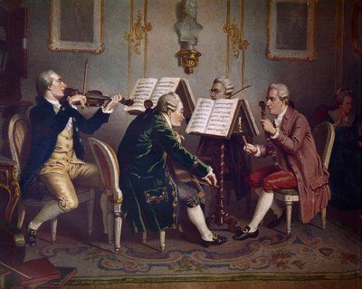 Jousikvartetto soittaa Mozartin teosta (Kamarimusiikki) (Litografia tekijältä Austrian School