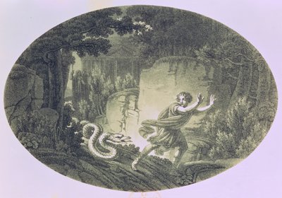 Jättikäärmeen jahtaama Tamino, Wolfgang Amadeus Mozartin (1756-91) Taikahuilun I näytös I kohtaus (kaiverrus) tekijältä Austrian School