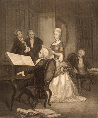 Wolfgang Amadeus Mozart säestää Caterina Maddalena Giuseppa (kaiverrus) tekijältä Austrian School