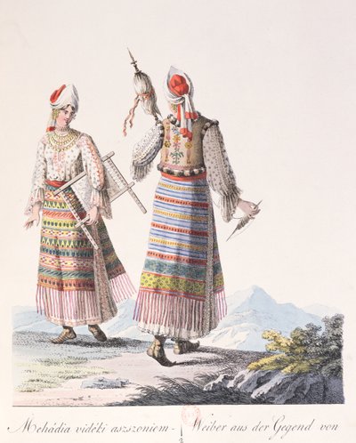 Naiset perinteisessä Mehadian alueen puvussa, kuvitus kirjasta Costumes de Hongrie, kirjoittanut J.H. de Bikkesy, 1810 (värikaiverrus) tekijältä Austrian School