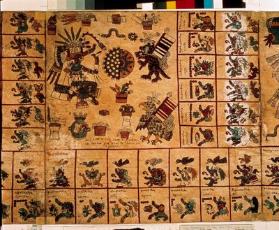 Esitys atsteekkien jumaluuksista ja kalenteria vastaavista laatikoista. Sivu atsteekkien käsikirjoituksesta kuoressa "Codex Borbonicus", esikolumbialainen Keski-Meksikon alkuperäiskansojen koodeksi, 1400-luvun loppu. Kansalliskokouksen kirjasto (Palais Bou tekijältä Aztec