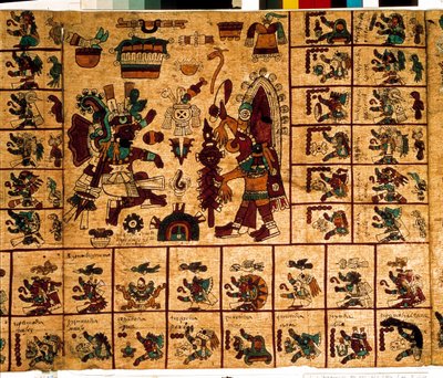 Esitys atsteekkien jumaluuksista ja kalenteria vastaavat laatikot. Sivu atsteekkien käsikirjoituksesta kuoressa "Codex Borbonicus", esikolumbialainen Keski-Meksikon alkuperäiskansojen koodeksi, 1400-luvun loppu. Kansalliskokouksen kirjasto (Palais Bourbon) tekijältä Aztec