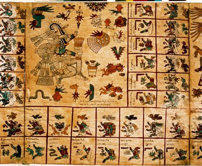 Esitys atsteekkien jumaluuksista ja kalenteria vastaavat laatikot. Sivu atsteekkien käsikirjoituksesta kuoressa "Codex Borbonicus", esikolumbialainen Keski-Meksikon alkuperäiskansojen koodeksi, 1400-luvun loppu. Kansalliskokouksen kirjasto (Palais Bourbon) tekijältä Aztec