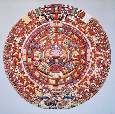 Esikolumbialainen sivilisaatio: atsteekkien kalenteri (Auringon kivi): atsteekkien kalenteria ja kosmogoniaa kuvaava levy (Tonalpohualli). tekijältä Aztec Aztec