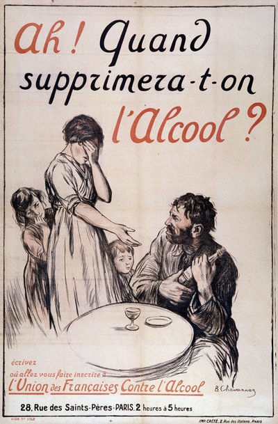 Alkoholismi: "Milloin alkoholi poistetaan?" c. 1910 (litografia) tekijältä B. Chavannaz