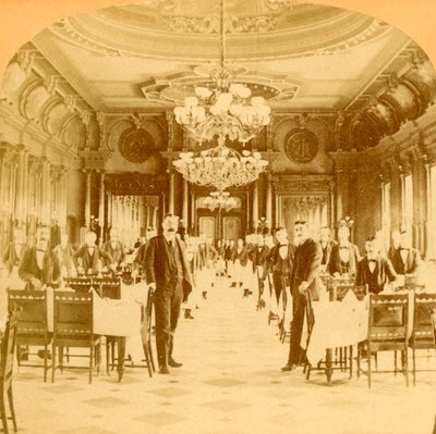 Windsor-hotellin Great Dining Hallin sanotaan olevan maailman hienoin, Montreal, Kanada, 1894. tekijältä B. W. Kilburn