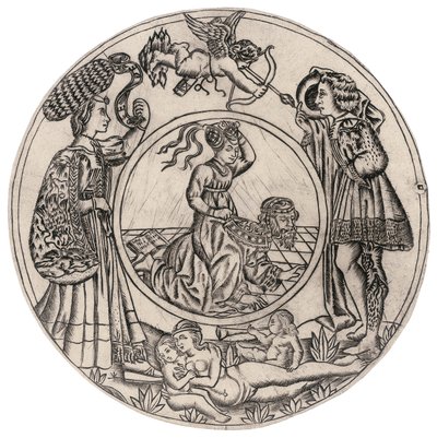 Aristoteles ja Phyllis, joita ympäröivät Nuori mies ja nainen Eroksen kanssa ja makuuasennossa alaston nainen ja kaksi lasta, 1400-luvun toinen puoli (kaiverrus) tekijältä Baccio (circle of) Baldini