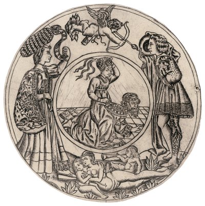 Aristoteles ja Phyllis, nuoren miehen ja naisen ympäröimänä Eroksen kanssa ja makuuasentoon alaston naisen kanssa, 1400-luvun toinen puoli tekijältä Baccio Baldini