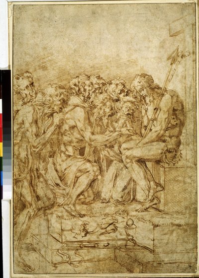 ""Kristus intohimon symboleilla seitsemän hahmon ympäröimänä"" (Kristus, jossa on seitsemän hahmoa läsnäolevaa intohimoa) Piirustus ruskealla musteella, Baccio Bandinelli (1493-1560) 1500-luvun Pushkin-museo Moskova tekijältä Baccio Bandinelli