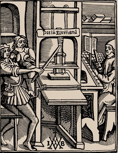 Prelum Ascensianum: painokone, jossa on painokone työssä, 1508. tekijältä Badius