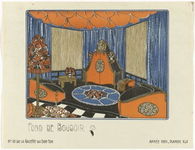 Gazette du Bon Ton, 1920 - nro 10, Pl. XLV: Fond de Boudoir (otsikko esineessä) tekijältä Bagge and Huguet