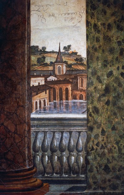Rakennuksia veden äärellä, yksityiskohta Hall of Perspectives -salin freskosta tekijältä Baldassarre Peruzzi