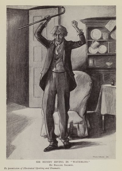 Englantilainen näyttelijä Henry Irving Arthur Conan Doylen näytelmässä Waterloo (litografia). tekijältä Balliol (after) Salmon