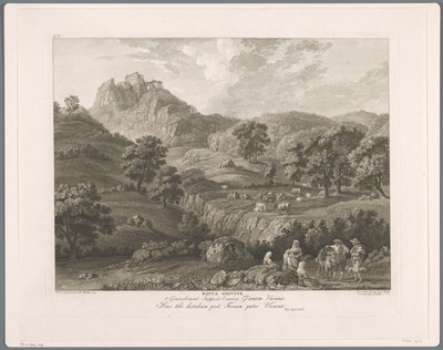 Näkymä Roccagiovineen Rocca Giovine (otsikko esineessä) Suite de VI vues des Environs de Rome (...) (sarjan nimi) tekijältä Balthasar Anton Dunker