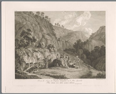 Näkymä lähteestä Monti Lucretilissä Vüe ​​​​de fonte bello (otsikko esineessä) Suite de VI vues des Environs de Rome (...) (sarjan nimi) tekijältä Balthasar Anton Dunker