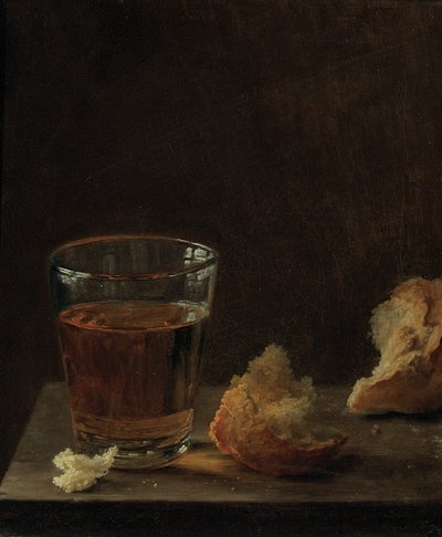 Lasi olutta ja sämpylä pöydällä tekijältä Balthasar Denner