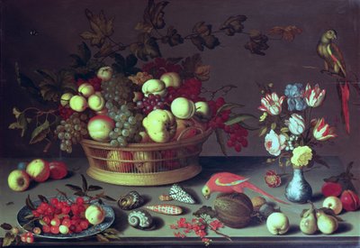Kori viinirypäleitä ja muita hedelmiä (öljy paneelissa) tekijältä Balthasar van der Ast