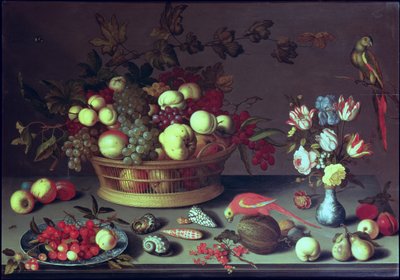 Kori viinirypäleitä ja muita hedelmiä tekijältä Balthasar van der Ast