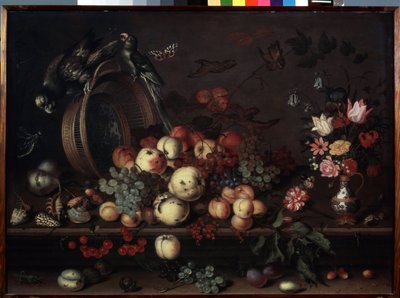 "Asetelma hedelmillä, kukilla ja papukaijoilla" (tunnetaan myös nimellä "Asetelma hedelmillä, kuorilla ja hyönteisillä") Balthasar van der Astin (1593/4-1657) maalaus n. 1620 Mitat 75x104 cm Ermi-museo tekijältä Balthasar van der Ast