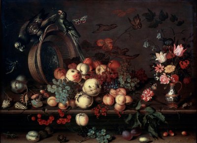 Asetelma hedelmien, kukkien ja papukaijoineen, 1620-luku tekijältä Balthasar van der Ast