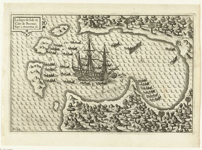 Saapuminen Borneolle, 1600 La baye de Isle et Cite de Borneo (otsikko esineessä), RP-P-OB-75.411 tekijältä Baptista van Doetechum