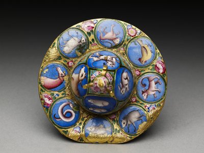Kannen kulho, lautanen ja lusikka astrologisella koristeella, 1800-luvun alku tekijältä Baqir