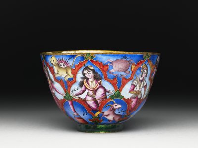 Kannen kulho, lautanen ja lusikka astrologisella koristeella, 1800-luvun alku tekijältä Baqir