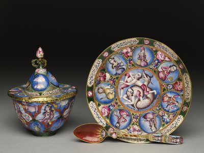 Kannen kulho, lautanen ja lusikka astrologisella koristeella, 1800-luvun alku tekijältä Baqir