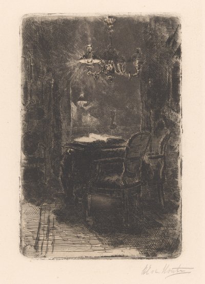 Sisustus peilillä ja pöytä avoimella kirjalla tekijältä Barbara Elisabeth van Houten (signed by artist)