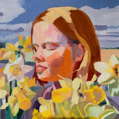 Unelmoi auringonkukista, 2020, öljy pellavakankaalle. tekijältä Barbara Hoogeweegen