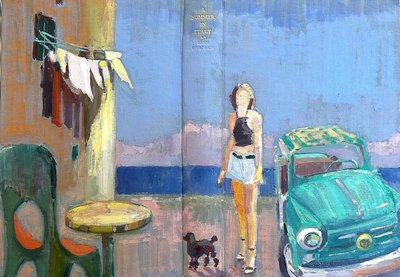 kesä italiassa, 2024, öljy antiikkipellavalle, kirjan kansilehti tekijältä Barbara Hoogeweegen