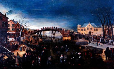 Talvimaisema, jossa taitoluistelua ja leikkimistä, n. 1640-50 (öljy paneelille) tekijältä Barent (follower of) Avercamp
