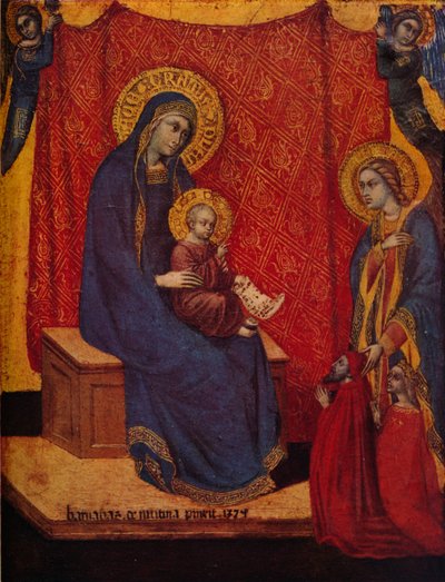 Madonna istui valtaistuimella ja kaksi lahjoittajaa palvonnassa, 1374 tekijältä Barnaba da Modena