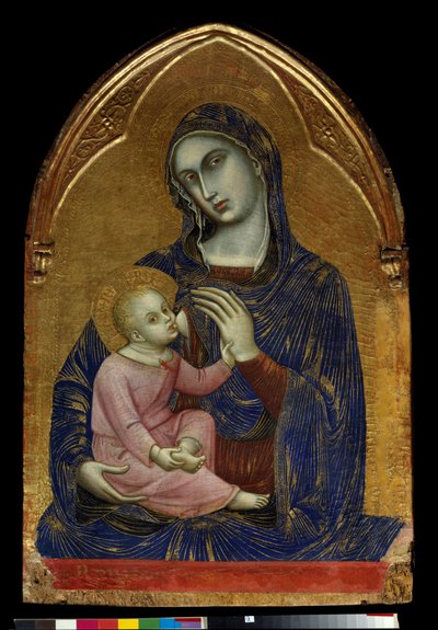 Neitsyt ja lapsi Maria imettävät Jeesusta Kristusta, jolla on korallikaulakoru. Barnaba da Modenan maalaus puulle (tunnettu 1361-1383) Dim. 1,09 x 0,72 m Pariisi, Musee du Louvre. tekijältä Barnaba da Modena