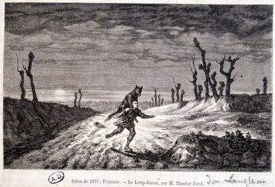 Ihmissusi (ihmissusi) hyökkäämässä miehen kimppuun - ap. Maurice Sandin maalaus näytteillä Salonissa 1857. tekijältä Baron Dudevant Jean Francois Maurice (after) Sand