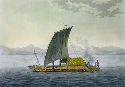 Lautta lähtemässä Guayaquilin satamasta Ecuadorista Jules Ferrarion "Le Costume Ancien et Modernen" osa II, levy 9, kaiverrus Paolo Fumagalli, julkaistu noin 1820-30-luvulla tekijältä Baron Friedrich Alexander von Humboldt