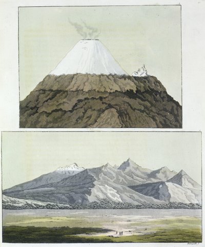 Cotopaxin huippu (ylhäällä) ja Cotopaxin purkaus vuonna 1803 (alhaalla), Jules Ferrarion julkaisemasta teoksesta "Le Costume Ancien et Moderne", osa I, julkaistu noin 1820-30-luvuilla. tekijältä Baron Friedrich Alexander von Humboldt
