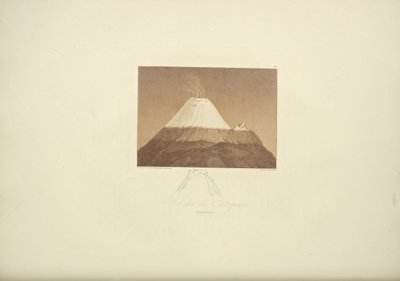 Cotopaxin tulivuori, piirtänyt Gmelin, kaivertanut Arnold, kuvitus Alexander von Humboldtin ja Aime Bonplandin "Näkymiä Cordillerasta ja Amerikan alkuperäiskansojen muistomerkeistä", 1813 tekijältä Baron Friedrich Alexander von Humboldt