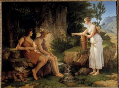 Paimenet Amyntasin haudalla Kuvitus Salomon Gessnerin "Idylleistä" - Pierre Narcissen (Pierre-Narcisse) Guerinin (1774-1833) maalaus 1805 Aurinko 1,31x1,76 m tekijältä Baron Pierre Narcisse Guerin