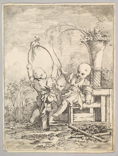 Kiinalaiset lapset leikkimässä papukaijan kanssa, 1760-70. tekijältä Baron de Thiers Louis Antoine Crozat