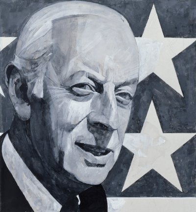 Alistair Cooken muotokuva, kuvitus The Listenerille, 1970 (guassi laivalla) tekijältä Barry Fantoni