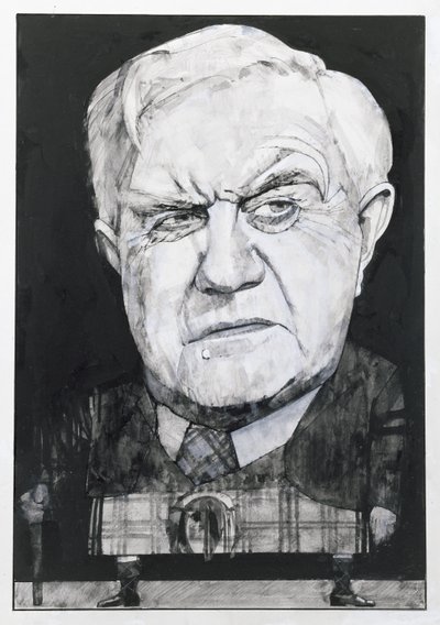 Andrew Cruickshankin muotokuva, kuvitus The Sunday Timesille (guassi laivalla) tekijältä Barry Fantoni