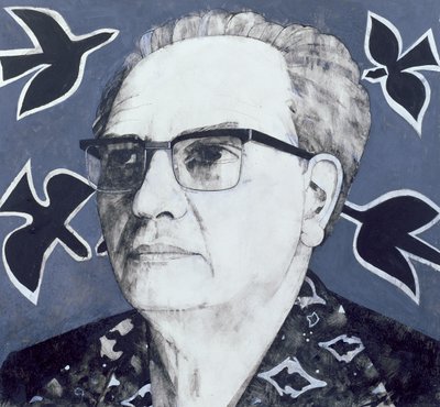 Olivier Messiaenin muotokuva, kuvitus The Sunday Timesille, 1970 (guassi laivalla) tekijältä Barry Fantoni