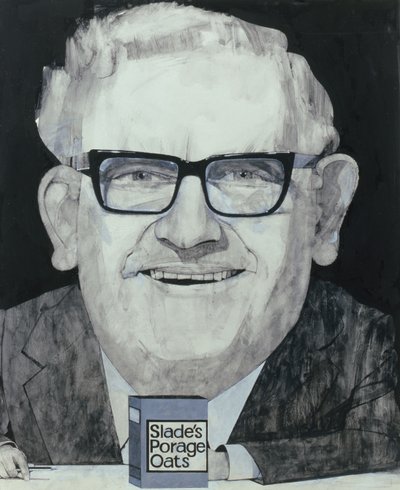 Ronnie Barkerin muotokuva, kuvitus The Listenerille, 1970 (guassi laivalla) tekijältä Barry Fantoni