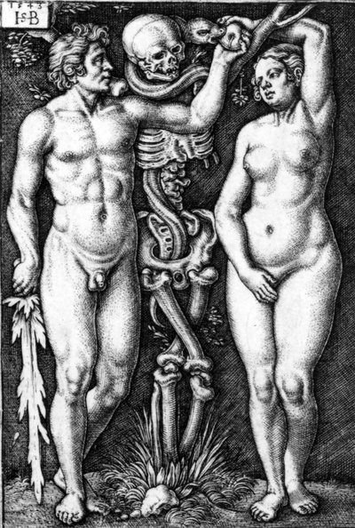 Adam ja Eeva, kaiverrus Hans Sebald Beham, 1543 tekijältä Barthel Beham