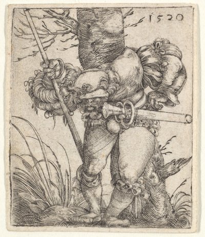 Taivuttava sotilas nojaa puuhun, 1520. tekijältä Barthel Beham