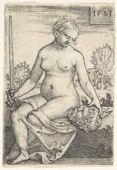 Judith, joka istuu alasti miekka oikeassa kädessään ja katsoo alas Holofernesin päätä..., 1523. tekijältä Barthel Beham